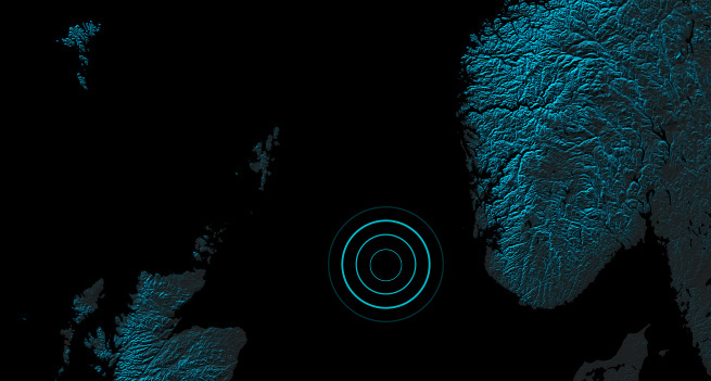 Aerial shot of the North sea. The area of the Statfjord oil field is marked with a circle